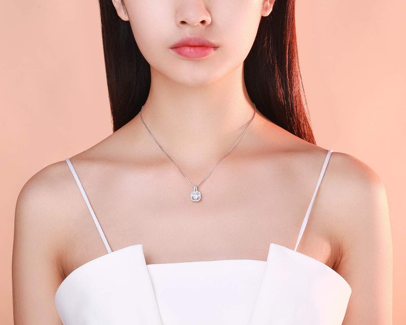 SBLING Platinum Plated Cubic Zirconia Cushion Shape Halo Pendant Necklace - Image 4